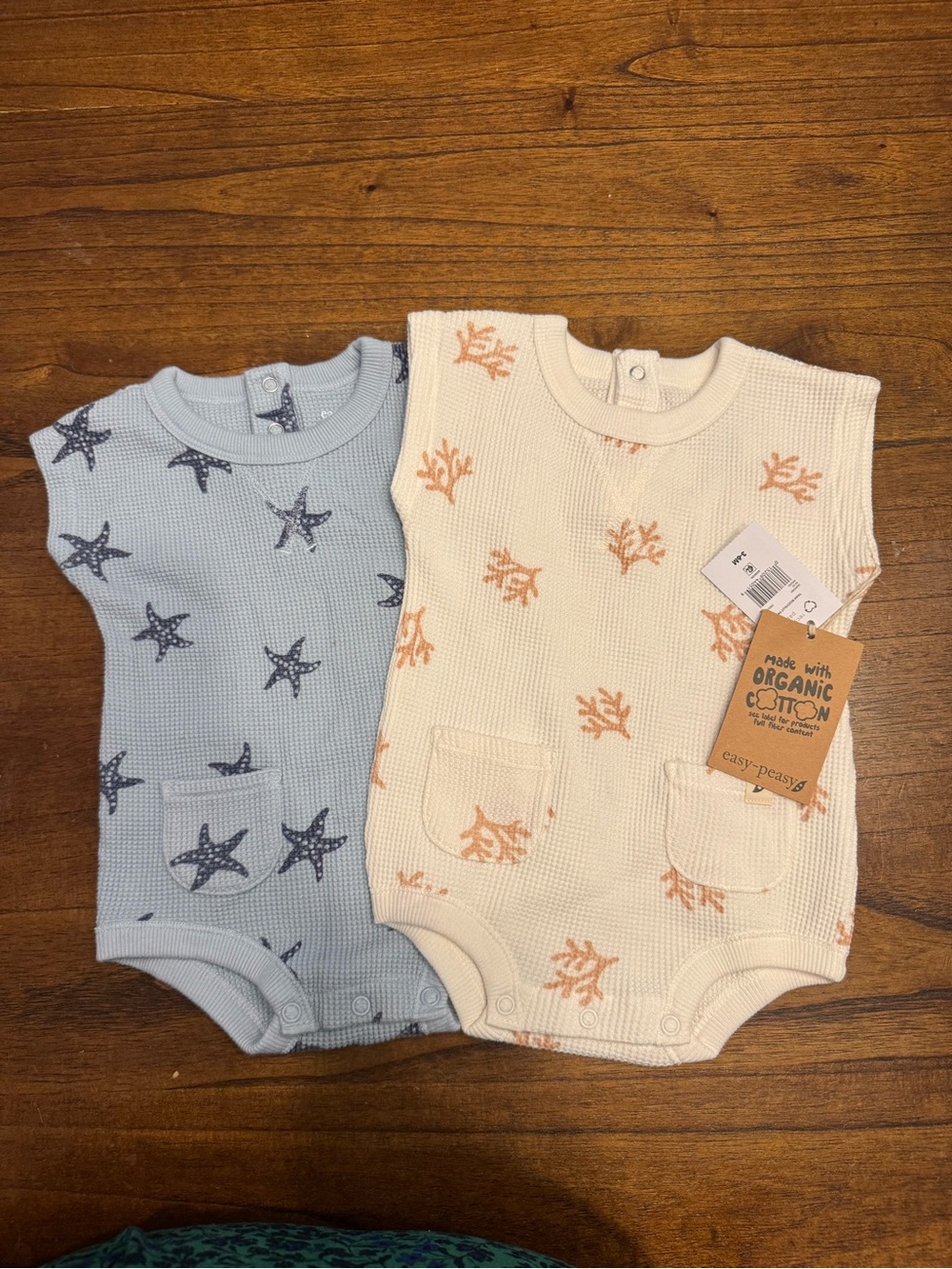 Organic Cotton Kids One-Piece Bodysuits - Cream Coral & Blue Star (3-6mo)